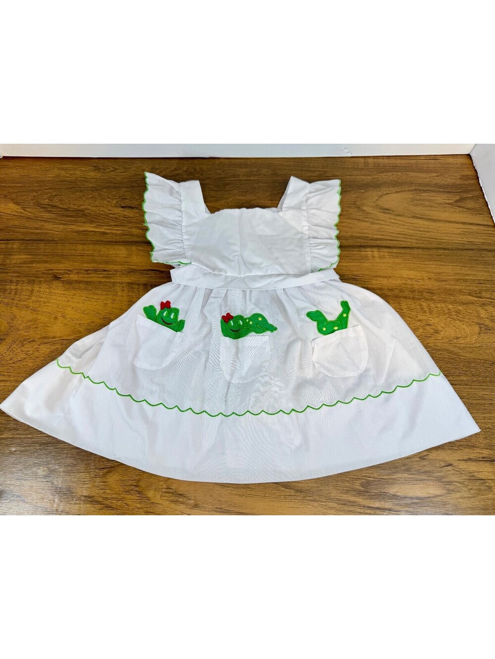 Vintage All Mine Toddler Dress 24M White Green Caterpillar Applique Pockets